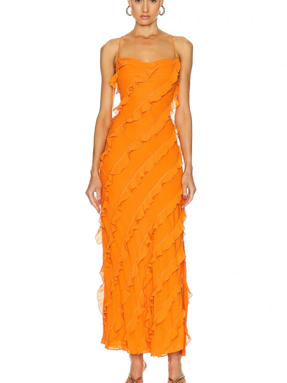 STAUD Orange Ruffle Maxi Dress with Spaghetti Straps